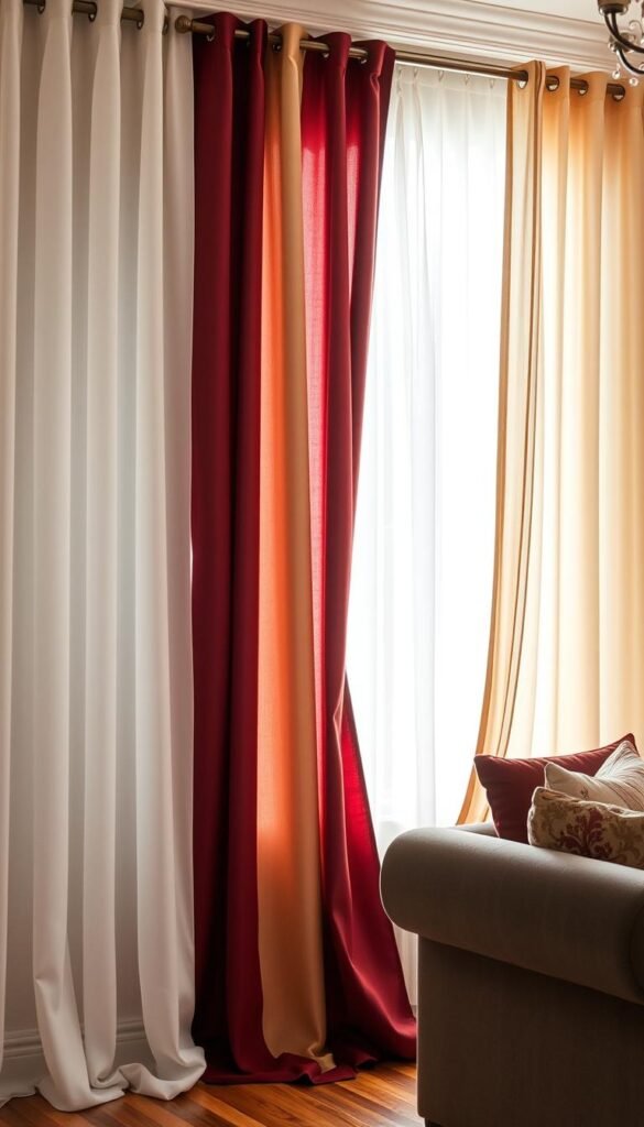 A high-quality image showcasing the length and fullness of curtains in a well-lit living room interior. The foreground features two sets of curtains in contrasting colors and fabrics - sheer white curtains with a medium length, and heavy burgundy curtains with a long, luxurious drape. The middle ground captures the overall window frame and wall details, while the background depicts a cozy, inviting atmosphere with natural lighting filtering through the curtains. The image is captured with a wide-angle lens to emphasize the scale and proportion of the curtains. The mood is warm, elegant, and evocative of a beautifully designed living space.