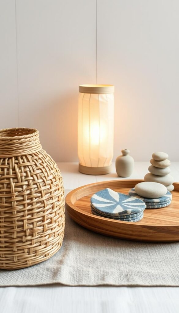 A high-quality still life featuring an assortment of handcrafted decor elements, perfectly suited to a minimalist Japandi-inspired living room. In the foreground, an intricately woven rattan basket, its organic texture contrasting with a smooth ceramic vase in an earthy tone. Beside it, a handmade wooden tray with subtle grain patterns, holding a collection of shibori-dyed linen coasters. In the middle ground, a delicate paper lantern casts a warm, diffused light, illuminating a cluster of smooth river stones and a minimalist ceramic sculpture. The background is simple and uncluttered, allowing the artisanal pieces to take center stage. The overall mood is one of tranquility, balance, and appreciation for the beauty of handcrafted design. A high-quality still life featuring an assortment of handcrafted decor elements, perfectly suited to a minimalist Japandi-inspired living room. In the foreground, an intricately woven rattan basket, its organic texture contrasting with a smooth ceramic vase in an earthy tone. Beside it, a handmade wooden tray with subtle grain patterns, holding a collection of shibori-dyed linen coasters. In the middle ground, a delicate paper lantern casts a warm, diffused light, illuminating a cluster of smooth river stones and a minimalist ceramic sculpture. The background is simple and uncluttered, allowing the artisanal pieces to take center stage. The overall mood is one of tranquility, balance, and appreciation for the beauty of handcrafted design.