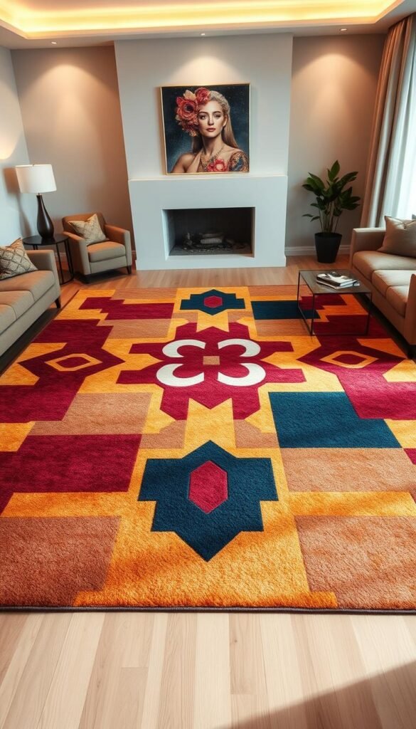 A large, exquisite area rug with a striking, modern design dominates the center of a sophisticated living room. The rug's intricate pattern features bold, geometric shapes in a captivating color palette of rich burgundy, deep navy, and warm ochre, arranged in a bold, asymmetrical composition. Soft, indirect lighting from hidden sources casts a warm, ambient glow, accentuating the rug's luxurious texture and bringing out the depth and vibrancy of its colors. The rug is positioned on a hardwood floor, surrounded by tasteful, minimalist furniture in earthy tones, creating a cohesive, harmonious visual experience. A large, exquisite area rug with a striking, modern design dominates the center of a sophisticated living room. The rug's intricate pattern features bold, geometric shapes in a captivating color palette of rich burgundy, deep navy, and warm ochre, arranged in a bold, asymmetrical composition. Soft, indirect lighting from hidden sources casts a warm, ambient glow, accentuating the rug's luxurious texture and bringing out the depth and vibrancy of its colors. The rug is positioned on a hardwood floor, surrounded by tasteful, minimalist furniture in earthy tones, creating a cohesive, harmonious visual experience.