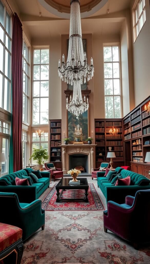 A large, opulent living room with high ceilings and floor-to-ceiling windows that flood the space with natural light. Plush, velvet-upholstered furniture in rich, jewel-toned colors - emerald green, deep burgundy, and sapphire blue - arranged in a formal seating arrangement. A grand, ornate fireplace with an intricate marble mantelpiece anchors the room, surrounded by bookshelves filled with leather-bound volumes. Ornate chandeliers with cascading crystal pendants hang overhead, casting a warm, ambient glow. The floors are covered in a luxurious, hand-woven Persian rug in muted tones. Lush, velvet drapes frame the windows, adding to the room's elegance and sophistication.