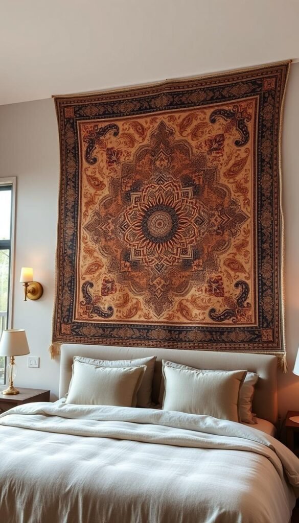 A large, ornate textile wall hanging dominates the bedroom's serene and elegant atmosphere. The piece features intricate patterns and motifs, woven with a rich tapestry of natural fibers in earthy tones. Soft, diffused lighting from sconces and a large window casts a warm glow, accentuating the texture and depth of the fabric. The hanging is positioned above a plush, neutral-colored bed, creating a captivating focal point that draws the eye upward. The overall effect is one of cozy sophistication, inviting the viewer to get lost in the captivating details of the textile artwork. A large, ornate textile wall hanging dominates the bedroom's serene and elegant atmosphere. The piece features intricate patterns and motifs, woven with a rich tapestry of natural fibers in earthy tones. Soft, diffused lighting from sconces and a large window casts a warm glow, accentuating the texture and depth of the fabric. The hanging is positioned above a plush, neutral-colored bed, creating a captivating focal point that draws the eye upward. The overall effect is one of cozy sophistication, inviting the viewer to get lost in the captivating details of the textile artwork.