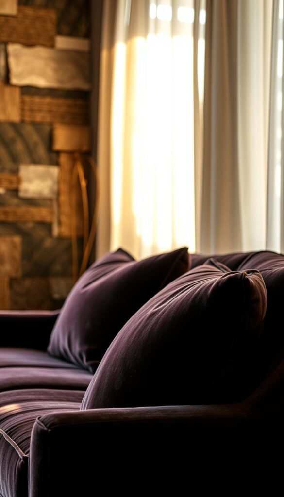 A layered composition of rich, tactile textures that create a sense of depth and visual interest. In the foreground, a plush, lush velvet sofa in a deep, jewel-toned hue. Behind it, a textured wall with intricate patterns, perhaps a mix of woven jute, natural stone, and metallic accents. In the background, sheer, flowing curtains softly diffuse the light, adding a sense of depth and atmosphere. The lighting is warm and inviting, casting gentle shadows that emphasize the dimensional quality of the various surfaces. The overall mood is one of luxurious sophistication, where the interplay of textures and tones evokes a cozy, yet modern aesthetic. A layered composition of rich, tactile textures that create a sense of depth and visual interest. In the foreground, a plush, lush velvet sofa in a deep, jewel-toned hue. Behind it, a textured wall with intricate patterns, perhaps a mix of woven jute, natural stone, and metallic accents. In the background, sheer, flowing curtains softly diffuse the light, adding a sense of depth and atmosphere. The lighting is warm and inviting, casting gentle shadows that emphasize the dimensional quality of the various surfaces. The overall mood is one of luxurious sophistication, where the interplay of textures and tones evokes a cozy, yet modern aesthetic.