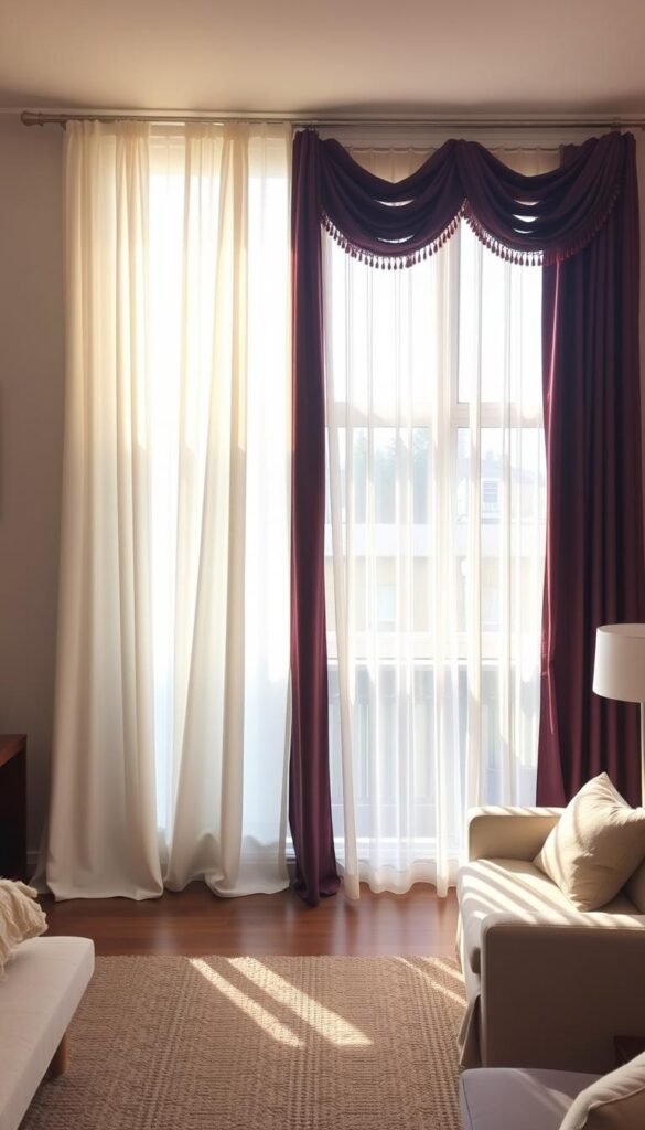A living room with two distinct curtain styles - a modern, sleek set of sheer white panels on the left, and a classic, ornate pair of heavy burgundy drapes on the right. The scene is bathed in warm, natural lighting filtering through the windows, creating a cozy and inviting atmosphere. The curtains are displayed in a side-by-side arrangement, allowing for a direct visual comparison of their contrasting designs, textures, and color palettes. The room's decor, including minimalist furniture and neutral tones, provides a balanced backdrop to highlight the focal point - the curtains and how they complement or clash with the overall living room aesthetic.
