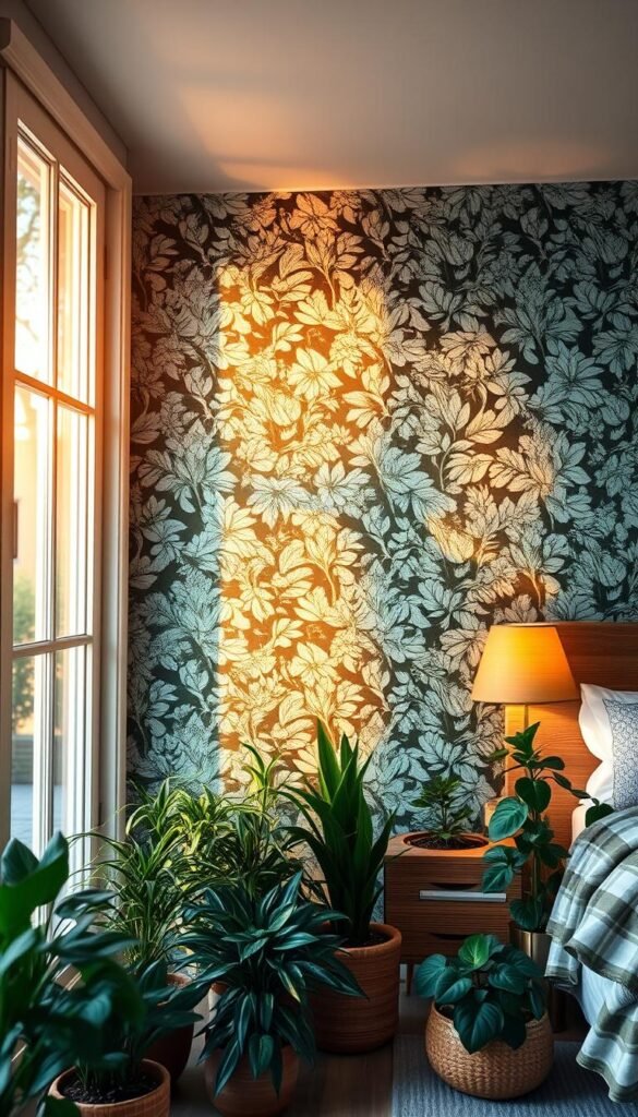 A lush, botanical wallpaper covers an accent wall, its delicate blue-green leaves and petals dancing with the warm, golden light streaming in through large windows. The foreground features a collection of potted plants and natural wood accents, creating a cozy, harmonious atmosphere. The mid-ground showcases the intricate wallpaper pattern, while the background hints at a serene, peaceful setting, perhaps a tranquil bedroom or sitting area. The overall mood is one of relaxation and rejuvenation, a calming oasis amidst the bustle of daily life.