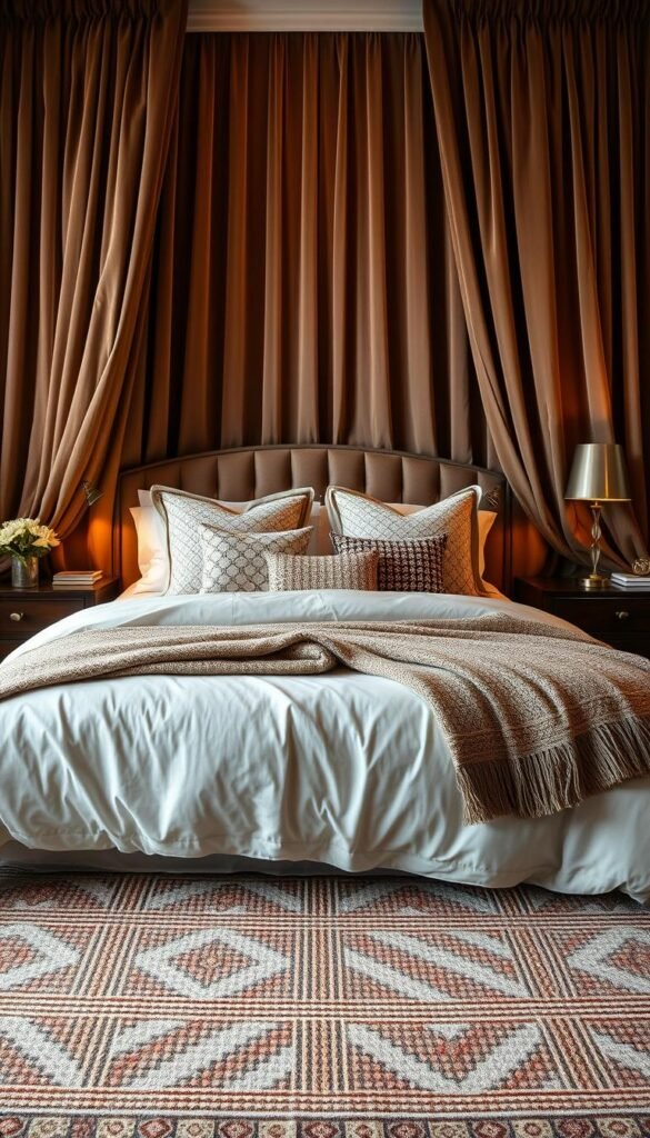 A luxurious and sophisticated bedroom, captured with a wide-angle lens to showcase the intentional interplay of textures and patterns. Plush velvet curtains in a rich, jewel-toned hue frame the scene, creating a sense of warmth and depth. The focal point is a meticulously curated bedding set, featuring a mix of soft, inviting textures - a sumptuous duvet cover, patterned throw pillows, and a tailored, textured blanket. The warm, ambient lighting casts a gentle glow, highlighting the intricate weave of a hand-knotted area rug that grounds the space. Complementary accents, such as a wooden dresser and a sleek, modern table lamp, add visual interest and balance. The overall atmosphere is one of refinement, comfort, and a sophisticated, grown-up aesthetic. A luxurious and sophisticated bedroom, captured with a wide-angle lens to showcase the intentional interplay of textures and patterns. Plush velvet curtains in a rich, jewel-toned hue frame the scene, creating a sense of warmth and depth. The focal point is a meticulously curated bedding set, featuring a mix of soft, inviting textures - a sumptuous duvet cover, patterned throw pillows, and a tailored, textured blanket. The warm, ambient lighting casts a gentle glow, highlighting the intricate weave of a hand-knotted area rug that grounds the space. Complementary accents, such as a wooden dresser and a sleek, modern table lamp, add visual interest and balance. The overall atmosphere is one of refinement, comfort, and a sophisticated, grown-up aesthetic.