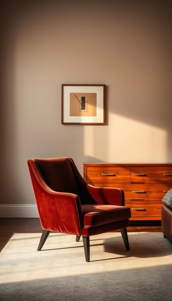A luxurious and sophisticated bedroom scene showcasing a pair of elegant statement furniture pieces. In the foreground, a striking, mid-century modern armchair with plush velvet upholstery and sleek, tapered legs stands as the focal point, cast in warm, golden light. In the middle ground, a handsome, solid wood dresser with clean, minimalist lines and brass hardware commands attention. The background features a serene, neutral-toned wall, accentuated by a single, abstract artwork that adds a touch of visual interest. The overall atmosphere is one of refined, grown-up style, inspiring a sense of relaxation and sophistication. A luxurious and sophisticated bedroom scene showcasing a pair of elegant statement furniture pieces. In the foreground, a striking, mid-century modern armchair with plush velvet upholstery and sleek, tapered legs stands as the focal point, cast in warm, golden light. In the middle ground, a handsome, solid wood dresser with clean, minimalist lines and brass hardware commands attention. The background features a serene, neutral-toned wall, accentuated by a single, abstract artwork that adds a touch of visual interest. The overall atmosphere is one of refined, grown-up style, inspiring a sense of relaxation and sophistication.
