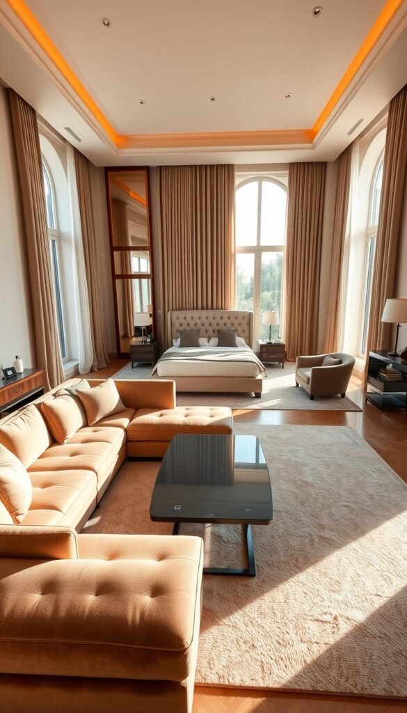 A luxurious and spacious master suite with a seating area. The room is bathed in warm, natural lighting from large windows, creating a cozy and inviting atmosphere. In the foreground, a plush, L-shaped sectional sofa faces a sleek, modern coffee table, inviting relaxation and conversation. The middle of the room features a king-size bed with a tufted headboard and high-quality linens, flanked by nightstands and reading lamps. The background showcases a cozy sitting area with a pair of armchairs and a small side table, perfect for enjoying a morning coffee or an evening nightcap. Elegant curtains frame the windows, and a soft, neutral-toned rug ties the space together, creating a harmonious and balanced layout. A luxurious and spacious master suite with a seating area. The room is bathed in warm, natural lighting from large windows, creating a cozy and inviting atmosphere. In the foreground, a plush, L-shaped sectional sofa faces a sleek, modern coffee table, inviting relaxation and conversation. The middle of the room features a king-size bed with a tufted headboard and high-quality linens, flanked by nightstands and reading lamps. The background showcases a cozy sitting area with a pair of armchairs and a small side table, perfect for enjoying a morning coffee or an evening nightcap. Elegant curtains frame the windows, and a soft, neutral-toned rug ties the space together, creating a harmonious and balanced layout.