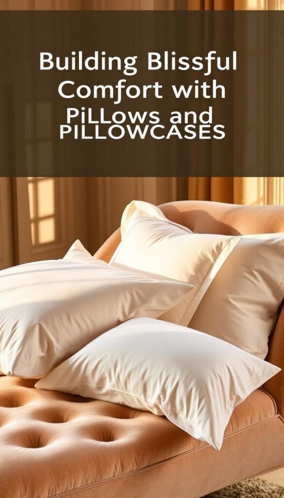 A luxurious arrangement of fluffy, high-thread-count pillows and pillowcases in a soft, neutral color palette. The pillows are artfully positioned on a plush, velvet-upholstered chaise lounge, bathed in warm, golden lighting from a nearby window. The pillows' sumptuous textures and elegant folds create a visually striking, tactile display, inviting the viewer to sink in and experience the comfort and relaxation of an exceptional sleep environment. The overall scene conveys a sense of tranquility, refinement, and indulgence, perfectly capturing the essence of "Building Blissful Comfort with Pillows and Pillowcases".