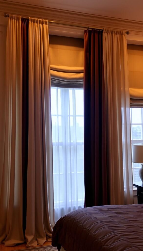 A luxurious bedroom with a grand window, adorned with layered curtain treatments. In the foreground, sheer, flowing drapes in a soft, ethereal ivory hue cascade gracefully, filtering the natural light. In the middle ground, velvet panels in a rich, jewel-toned hue add depth and texture, creating a sense of refined elegance. The background features a subtle, patterned Roman shade, adding a touch of visual interest and a cohesive, harmonious finish. The lighting is warm and inviting, casting a gentle, golden glow throughout the space. The overall mood is one of sophistication, comfort, and timeless style.