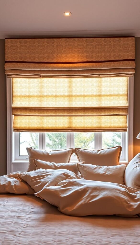 A luxurious bedroom with a matching window treatment and bedding set. The roman shades feature a delicate, repeating pattern that complements the soft, textured duvet and pillows. Warm, diffused lighting from a large window casts a cozy glow, highlighting the intricate details of the fabric. The shades are precisely aligned, creating a harmonious visual flow that seamlessly integrates the window and the bed. The overall mood is one of tranquility and elegance, inviting the viewer to imagine themselves relaxing in this serene, well-appointed space. A luxurious bedroom with a matching window treatment and bedding set. The roman shades feature a delicate, repeating pattern that complements the soft, textured duvet and pillows. Warm, diffused lighting from a large window casts a cozy glow, highlighting the intricate details of the fabric. The shades are precisely aligned, creating a harmonious visual flow that seamlessly integrates the window and the bed. The overall mood is one of tranquility and elegance, inviting the viewer to imagine themselves relaxing in this serene, well-appointed space.