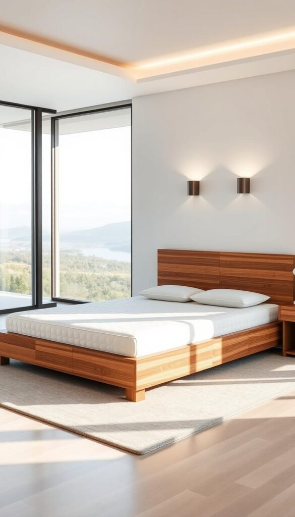 A luxurious, high-quality mattress foundation in a minimalist, modern bedroom setting. The foundation is crafted from premium wood, featuring a sleek, low-profile design with clean lines and a rich, natural grain. Soft, indirect lighting from a pair of modern wall sconces casts a warm, inviting glow across the scene, highlighting the foundation's elegant simplicity. The foundation sits atop a plush, neutral-toned area rug, complementing the serene, calming atmosphere of the space. In the background, a large window provides a glimpse of a tranquil outdoor landscape, further enhancing the sense of relaxation and comfort.