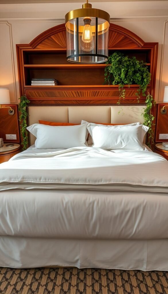 A luxurious hotel bed bathed in warm, soft lighting, with crisp white linens and plush, pillowtop mattress inviting you to sink in. Layers of high-thread-count sheets, down comforter, and oversized pillows create an indulgent, cloud-like slumber experience. The headboard is a masterpiece of intricate wood detailing, complemented by gleaming brass nightstands and a statement pendant light fixture overhead. Lush, trailing greenery cascades from shelves, adding a touch of nature to the serene, calming atmosphere. This is a sanctuary of comfort and relaxation, where every detail has been meticulously curated to provide the ultimate hotel-inspired sleep retreat.