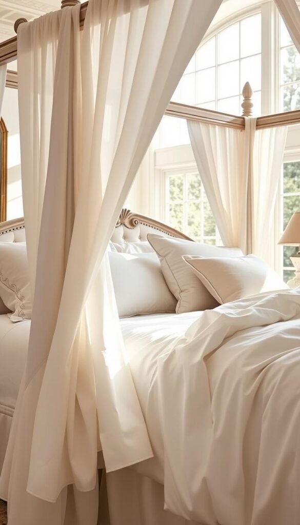 A luxurious king-size cotton sheet set, the fabric exquisitely soft and smooth, cascading over an ornate four-poster bed in a sun-drenched master bedroom. The sheets are crisp white, accented with delicate embroidery along the hems. Lush, oversized pillows in coordinating shades of ivory and pale grey add an aura of sophistication. Natural light floods the space through large windows, casting a warm glow on the high-quality linens. The overall scene evokes a sense of tranquility and indulgence, perfectly suited for a restorative and elegant sleep experience.