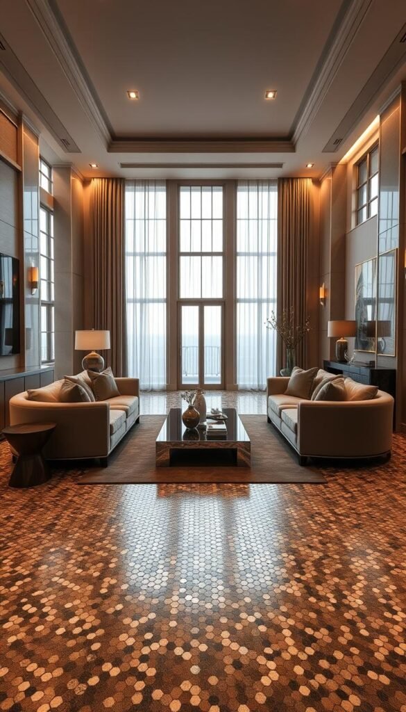 A luxurious living room with a stunning checkerboard mosaic floor, bathed in warm, diffused lighting from large windows and subtle overhead fixtures. The intricate tile pattern creates a bold, timeless visual statement, complemented by plush, neutral-toned furnishings, rich textures, and modern, elegant decor. A central, low-profile coffee table grounds the space, while cozy, oversized armchairs invite relaxation. The overall ambiance is one of refined sophistication and enduring style.