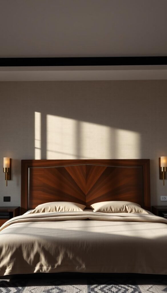 A luxurious master bedroom featuring a striking, focal point headboard. The headboard commands attention, its large scale and bold, geometric design dominating the space. Meticulously crafted from rich, dark wood, the headboard casts dramatic shadows that play across the walls, creating a moody, atmospheric ambiance. Elegant sconces mounted on either side of the headboard emit a warm, golden glow, complementing the overall sophisticated, masculine aesthetic. The headboard is positioned against a neutral, textured wall, allowing it to take center stage. High-quality, neutral-toned bedding and minimalist side tables complete the refined, grown-up look, creating a serene and stylish sanctuary. A luxurious master bedroom featuring a striking, focal point headboard. The headboard commands attention, its large scale and bold, geometric design dominating the space. Meticulously crafted from rich, dark wood, the headboard casts dramatic shadows that play across the walls, creating a moody, atmospheric ambiance. Elegant sconces mounted on either side of the headboard emit a warm, golden glow, complementing the overall sophisticated, masculine aesthetic. The headboard is positioned against a neutral, textured wall, allowing it to take center stage. High-quality, neutral-toned bedding and minimalist side tables complete the refined, grown-up look, creating a serene and stylish sanctuary.