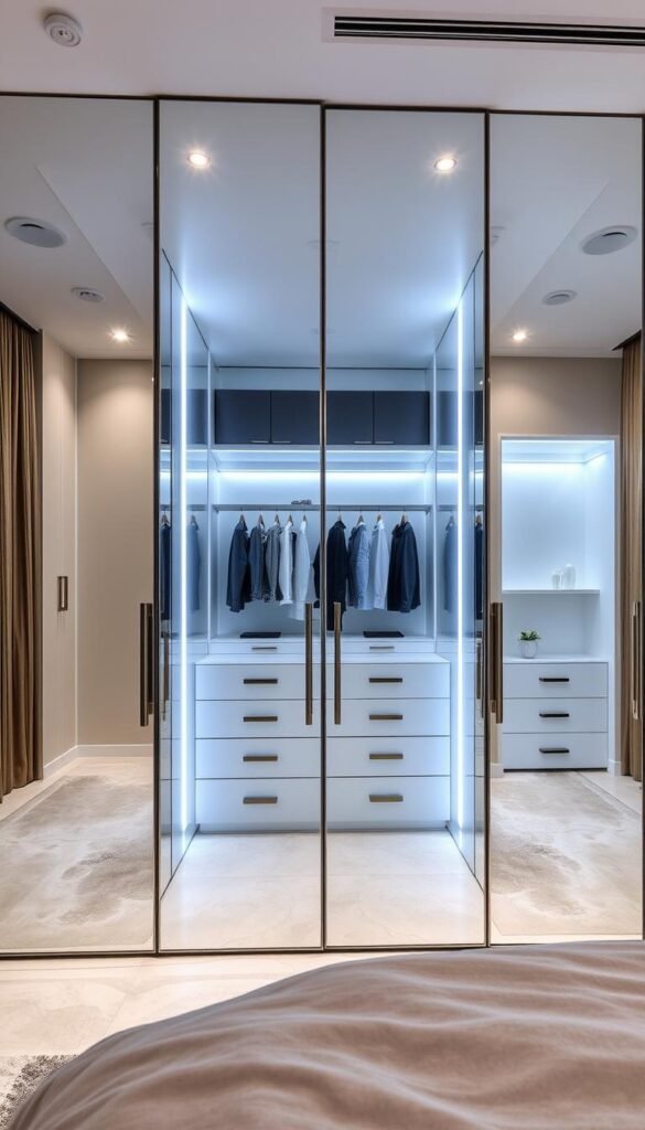 A luxurious mirrored wardrobe design, with a sleek and modern aesthetic. The wardrobe features floor-to-ceiling mirrored panels, creating an illusion of depth and amplifying the sense of space in the bedroom. Soft, diffused lighting emanates from discreet recessed fixtures, casting a warm, inviting glow that reflects off the mirrored surfaces. The mirrored doors open to reveal a meticulously organized interior, with ample storage space and elegant shelving. The overall design effortlessly blends function and style, creating a visually stunning and practical focal point in the bedroom. A luxurious mirrored wardrobe design, with a sleek and modern aesthetic. The wardrobe features floor-to-ceiling mirrored panels, creating an illusion of depth and amplifying the sense of space in the bedroom. Soft, diffused lighting emanates from discreet recessed fixtures, casting a warm, inviting glow that reflects off the mirrored surfaces. The mirrored doors open to reveal a meticulously organized interior, with ample storage space and elegant shelving. The overall design effortlessly blends function and style, creating a visually stunning and practical focal point in the bedroom.