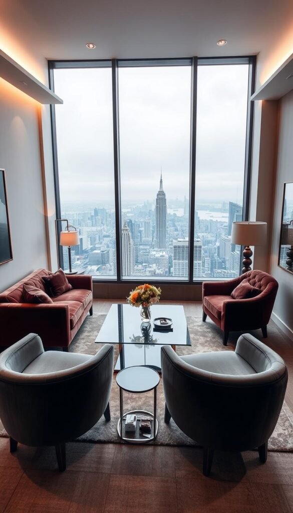 A luxurious small-space living room arrangement featuring a plush velvet sofa, a modern glass-topped coffee table, and a pair of elegant armchairs. Soft overhead lighting casts a warm glow, highlighting the rich textures and premium materials. A large floor-to-ceiling window in the background overlooks a tranquil city skyline, blending indoor and outdoor elements. The overall scene exudes an atmosphere of refined sophistication and thoughtful design in a compact setting.