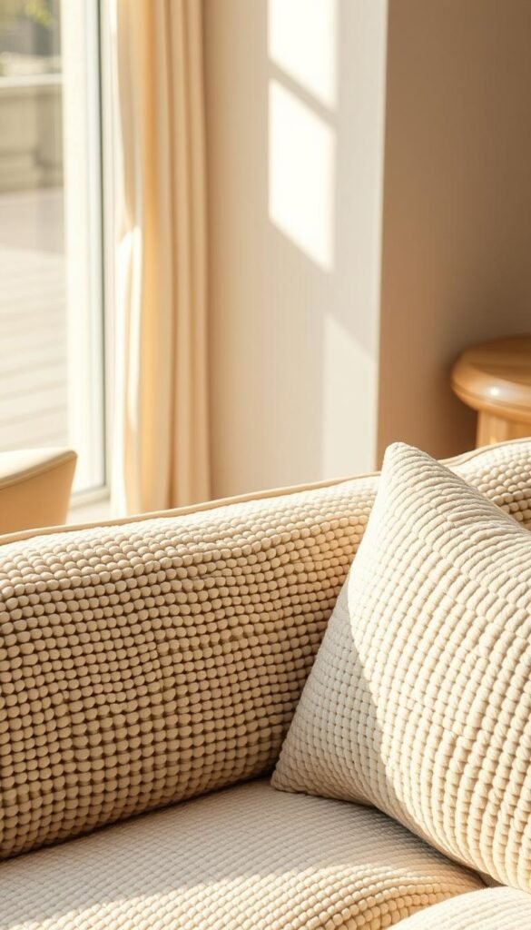 A luxuriously soft and textured bouclé sofa, its intricate looped fabric catching the warm, diffused light of a sun-drenched living room. The surface undulates with a delicate, tactile quality, inviting touch and exploration. The sofa's clean, modern lines and neutral tone create a serene, elevated ambiance, while the bouclé weave adds visual interest and a cozy, enveloping feel. Captured from a slightly elevated angle, the image showcases the sofa's inviting silhouette and the captivating nuances of the bouclé material, reflecting the "Bouclé Revolution" transforming contemporary living room design. A luxuriously soft and textured bouclé sofa, its intricate looped fabric catching the warm, diffused light of a sun-drenched living room. The surface undulates with a delicate, tactile quality, inviting touch and exploration. The sofa's clean, modern lines and neutral tone create a serene, elevated ambiance, while the bouclé weave adds visual interest and a cozy, enveloping feel. Captured from a slightly elevated angle, the image showcases the sofa's inviting silhouette and the captivating nuances of the bouclé material, reflecting the "Bouclé Revolution" transforming contemporary living room design.