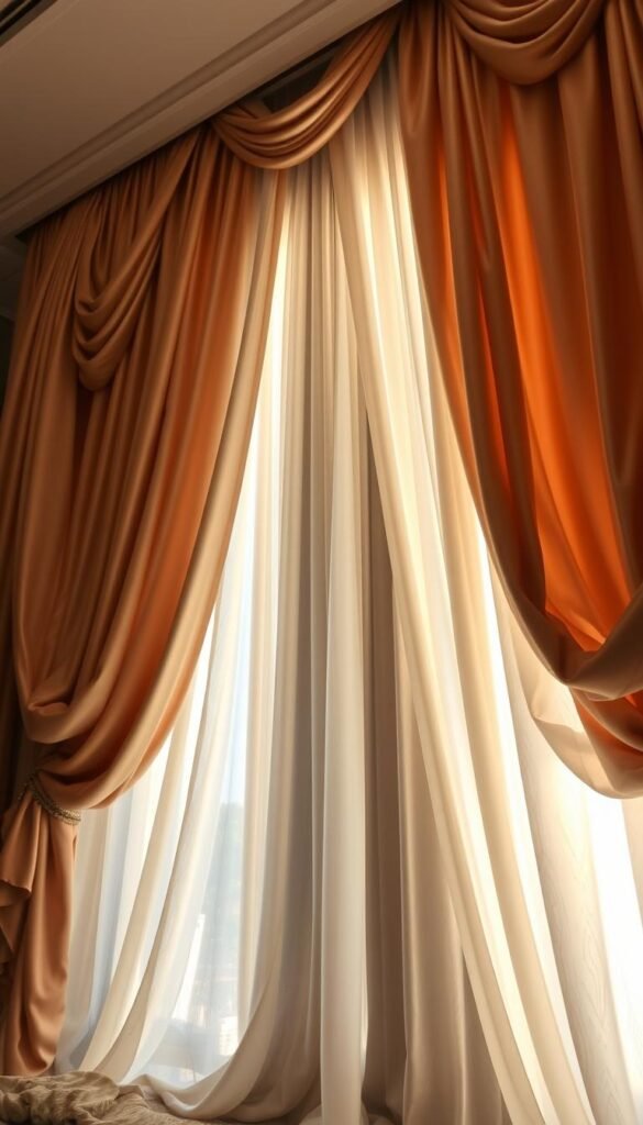 A majestic, luxurious bedroom setting with dramatic, flowing curtains that cascade gracefully, casting elegant shadows and creating a sense of depth and grandeur. The curtains are crafted from high-quality, shimmering fabric, perhaps velvet or satin, with intricate folds and pleats that catch the light, adding a touch of opulence. The lighting is soft and warm, creating a cozy and inviting atmosphere, with the curtains gently swaying as if in a gentle breeze. The camera angle is slightly elevated, offering a sweeping view of the bedroom, showcasing the curtains as the focal point and highlighting their dramatic presence.