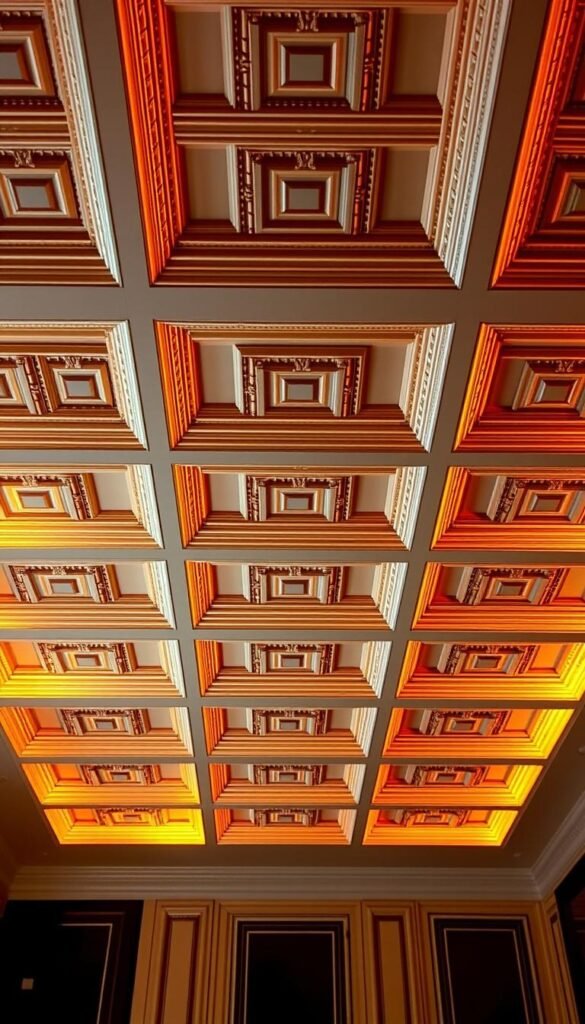 A meticulously crafted coffered ceiling design with a captivating grid pattern, bathed in warm, golden light that casts subtle shadows, creating an atmosphere of timeless elegance. The intricate geometric moldings and recessed panels are rendered with exceptional detail, showcasing the exquisite craftsmanship. The overall composition is balanced and symmetrical, reflecting the classic grandeur of this architectural feature. This image will perfectly capture the essence of the "Classic Elegance of Coffered Ceilings" section, seamlessly complementing the article on the "Best False Ceiling Designs for Modern Living Rooms".