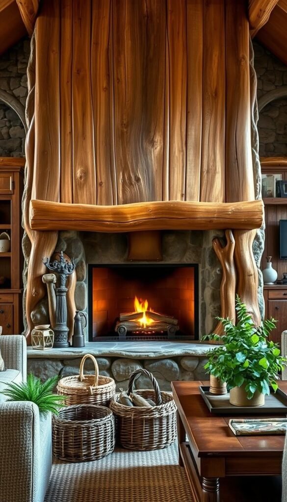 A meticulously crafted, custom-designed wood fireplace takes center stage in a cozy, rustic living room. The fireplace features a blend of natural textures, including weathered logs, smooth river stones, and hand-carved wooden details. Soft, warm lighting from the flickering flames casts a inviting glow throughout the space. In the foreground, intricate woodwork frames the fireplace, seamlessly integrating functional elements like a hidden storage compartment and concealed tech components. The middle ground showcases a well-curated arrangement of rustic decor, including woven baskets, vintage-inspired accents, and lush greenery. In the background, exposed wooden beams and natural stone walls enhance the cabin-inspired ambiance, creating a harmonious, harmonious living space.