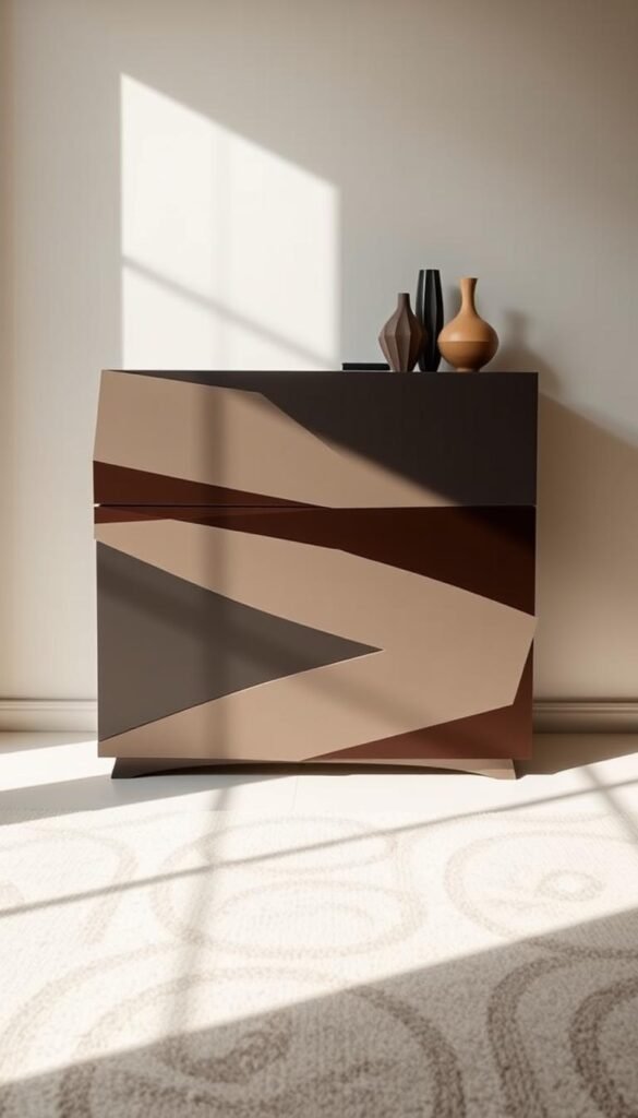 A meticulously crafted geometric dresser stands in a bright, airy bedroom. The dresser's sleek, angular design features a blend of matte and glossy finishes, creating a striking visual contrast. Warm, directional lighting casts subtle shadows, accentuating the dresser's geometric patterns and angles. The dresser is positioned against a minimalist, neutral-toned wall, allowing its striking form to take center stage. Carefully placed decorative accents, such as geometric vases and sculptures, complement the dresser's geometric aesthetic, creating a cohesive and visually compelling display. A meticulously crafted geometric dresser stands in a bright, airy bedroom. The dresser's sleek, angular design features a blend of matte and glossy finishes, creating a striking visual contrast. Warm, directional lighting casts subtle shadows, accentuating the dresser's geometric patterns and angles. The dresser is positioned against a minimalist, neutral-toned wall, allowing its striking form to take center stage. Carefully placed decorative accents, such as geometric vases and sculptures, complement the dresser's geometric aesthetic, creating a cohesive and visually compelling display.