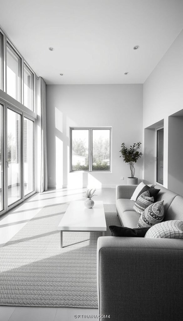 A meticulously designed monochrome living room with clean lines and a sophisticated aesthetic. The room features a large, plush gray sofa positioned in the foreground, accented by textured throw pillows in subtle shades of black and white. In the middle ground, a sleek, minimalist coffee table sits atop a muted patterned rug, while the background showcases floor-to-ceiling windows that flood the space with natural light, casting a soft, even illumination throughout. The walls are painted in a crisp, monochromatic palette, creating a serene and calming atmosphere, perfect for a refined, contemporary living space. A meticulously designed monochrome living room with clean lines and a sophisticated aesthetic. The room features a large, plush gray sofa positioned in the foreground, accented by textured throw pillows in subtle shades of black and white. In the middle ground, a sleek, minimalist coffee table sits atop a muted patterned rug, while the background showcases floor-to-ceiling windows that flood the space with natural light, casting a soft, even illumination throughout. The walls are painted in a crisp, monochromatic palette, creating a serene and calming atmosphere, perfect for a refined, contemporary living space.
