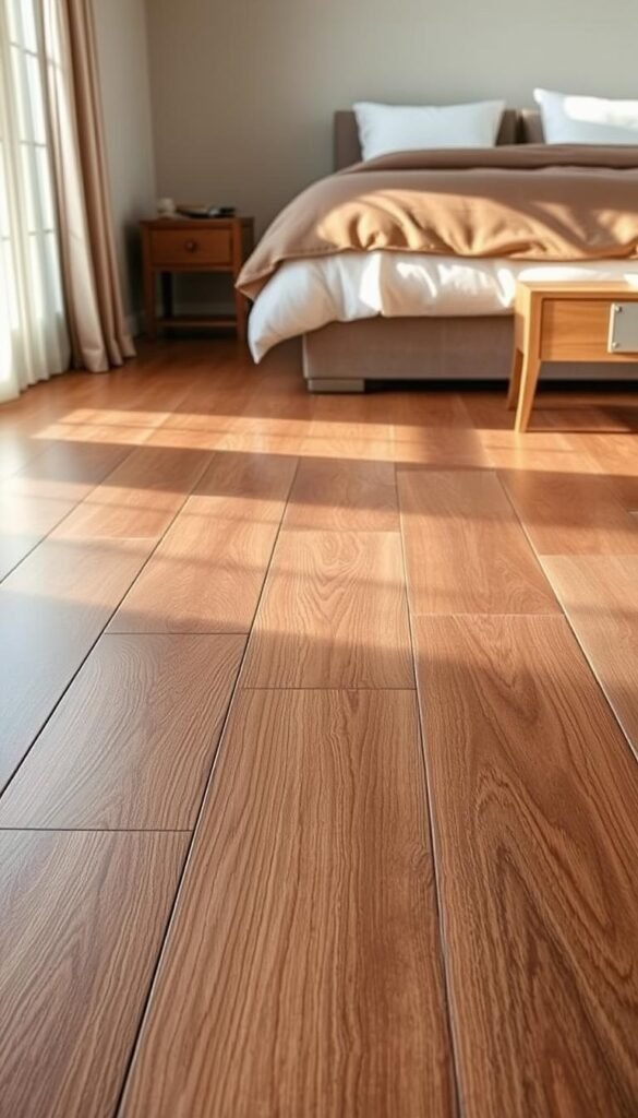 A meticulously detailed luxury vinyl plank floor in a cozy bedroom setting. The planks are seamlessly arranged, showcasing a rich, distressed wood grain texture that appears remarkably lifelike. Warm, diffused lighting casts a soft, inviting glow, highlighting the subtle variations in the plank tones. The floor takes center stage, complemented by neutral-toned walls and bedding that allow the flooring's luxurious aesthetic to shine. The overall scene radiates a sense of comfort, sophistication, and timeless elegance, perfectly capturing the essence of "Luxury Vinyl Plank: The Realistic and Resilient Favorite". A meticulously detailed luxury vinyl plank floor in a cozy bedroom setting. The planks are seamlessly arranged, showcasing a rich, distressed wood grain texture that appears remarkably lifelike. Warm, diffused lighting casts a soft, inviting glow, highlighting the subtle variations in the plank tones. The floor takes center stage, complemented by neutral-toned walls and bedding that allow the flooring's luxurious aesthetic to shine. The overall scene radiates a sense of comfort, sophistication, and timeless elegance, perfectly capturing the essence of "Luxury Vinyl Plank: The Realistic and Resilient Favorite".