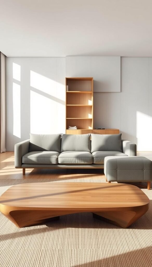A minimal, functional Japanese-style living room with clean lines and natural materials. In the foreground, a low, sleek wooden coffee table with soft, rounded edges sits atop a natural fiber rug. Behind it, a simple, angular sofa in a muted palette occupies the middle ground, accompanied by a matching armchair. The room is bathed in soft, diffused light from large windows, casting gentle shadows and creating a serene, calming atmosphere. In the background, a single, tall wooden bookshelf stands as a focal point, its shelves displaying a few carefully curated objects. The overall scene evokes a sense of simplicity, balance, and thoughtful design. A minimal, functional Japanese-style living room with clean lines and natural materials. In the foreground, a low, sleek wooden coffee table with soft, rounded edges sits atop a natural fiber rug. Behind it, a simple, angular sofa in a muted palette occupies the middle ground, accompanied by a matching armchair. The room is bathed in soft, diffused light from large windows, casting gentle shadows and creating a serene, calming atmosphere. In the background, a single, tall wooden bookshelf stands as a focal point, its shelves displaying a few carefully curated objects. The overall scene evokes a sense of simplicity, balance, and thoughtful design.