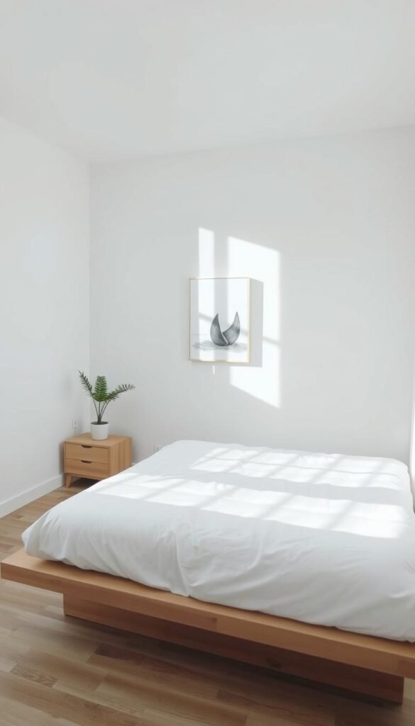 A minimalist bedroom with a calming, introspective atmosphere. In the foreground, a low-profile platform bed with crisp white bedding, complemented by a simple nightstand with a small potted plant. The middle ground features a large window, allowing natural light to flood the space and create a sense of openness. In the background, a plain white wall with a single piece of abstract art, exuding a sense of tranquility. The lighting is soft and diffused, creating a meditative ambiance. The camera angle is slightly elevated, capturing the clean lines and uncluttered design, conveying a serene and focused mindset.