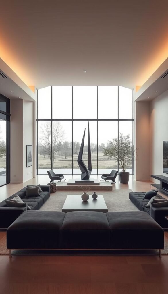 A minimalist living room with a statement piece taking center stage. An elegant, modern sofa in a rich, dark color anchors the space, surrounded by clean-lined furniture and minimalist decor. Warm, diffused lighting casts a soft glow, creating a cozy atmosphere. The focal point is a striking, angular sculpture or artwork in a contrasting material, such as metal or stone, standing tall and commanding attention. The room features an expansive window overlooking a serene outdoor scene, blending the indoor and outdoor spaces. The overall effect is one of understated sophistication and thoughtful design. A minimalist living room with a statement piece taking center stage. An elegant, modern sofa in a rich, dark color anchors the space, surrounded by clean-lined furniture and minimalist decor. Warm, diffused lighting casts a soft glow, creating a cozy atmosphere. The focal point is a striking, angular sculpture or artwork in a contrasting material, such as metal or stone, standing tall and commanding attention. The room features an expansive window overlooking a serene outdoor scene, blending the indoor and outdoor spaces. The overall effect is one of understated sophistication and thoughtful design.