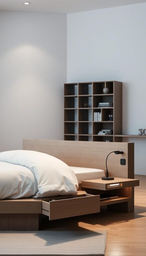 A minimalist, modern bedroom featuring a sleek, space-saving bed frame with hidden storage compartments, complemented by a floating nightstand with built-in wireless charging and USB ports. The nightstand also includes a discreet task light. In the background, a modular shelving unit with adjustable compartments and a concealed cable management system, providing ample storage and organization. Soft, diffused lighting illuminates the scene, creating a calming and productive atmosphere. Rendered in a muted, neutral color palette with clean lines and seamless integration of technology for a truly "smart" and clutter-free bedroom experience.