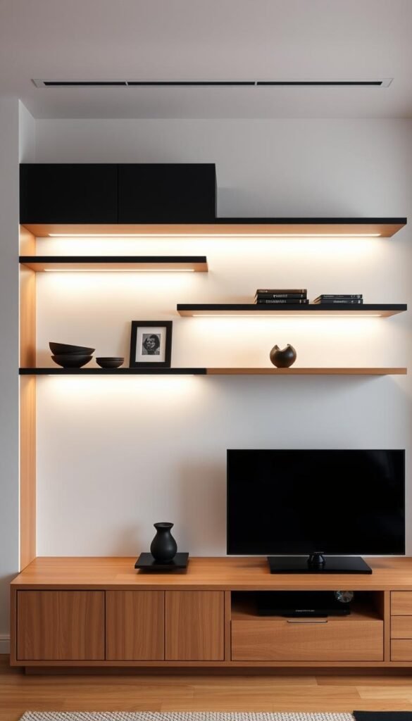 A minimalist, space-saving entertainment unit with sleek, floating shelves and a recessed flat-screen TV. The design features a warm, wooden finish complemented by matte black accents, creating a modern, sophisticated look. Strategically placed lighting illuminates the shelves, highlighting curated decor pieces. The unit's compact footprint maximizes the available space, making it perfect for smaller living rooms. Soft, ambient lighting casts a gentle glow, fostering a cozy and inviting ambiance. Captured in a slightly elevated, angled view to showcase the unit's clean, linear design and efficient use of space.