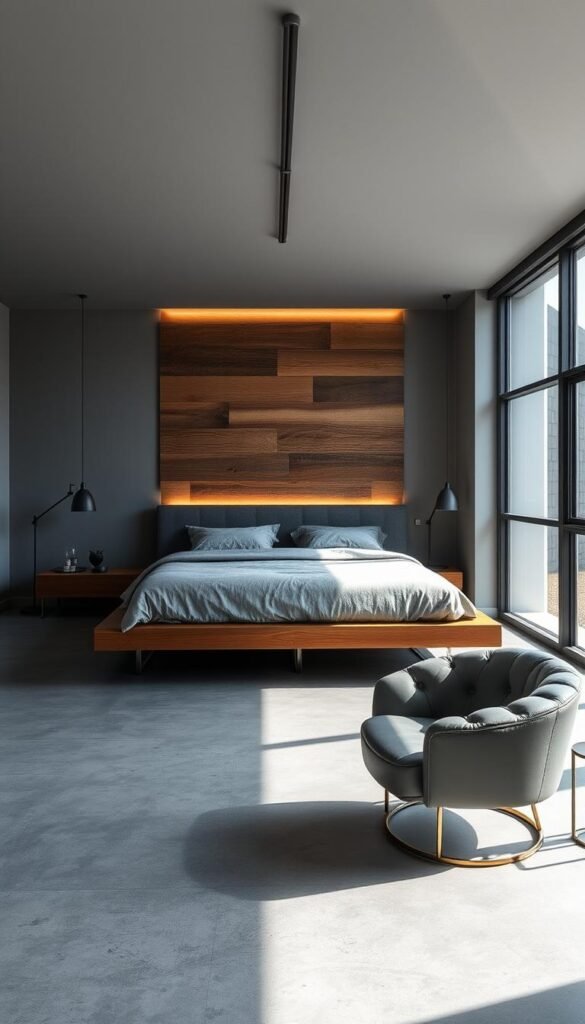 A modern, industrial-style gray bedroom with a minimalist design. The room features a large, wooden platform bed with a gray linen duvet and matching pillows. On the wall behind the bed, there is a reclaimed wood accent wall with subtle lighting that casts a warm glow. The floor is polished concrete, and the room is filled with natural light streaming in through large, metal-framed windows. In the corner, there is a small sitting area with a gray, tufted leather armchair and a sleek, metal side table. The overall atmosphere is calm, serene, and effortlessly chic. A modern, industrial-style gray bedroom with a minimalist design. The room features a large, wooden platform bed with a gray linen duvet and matching pillows. On the wall behind the bed, there is a reclaimed wood accent wall with subtle lighting that casts a warm glow. The floor is polished concrete, and the room is filled with natural light streaming in through large, metal-framed windows. In the corner, there is a small sitting area with a gray, tufted leather armchair and a sleek, metal side table. The overall atmosphere is calm, serene, and effortlessly chic.