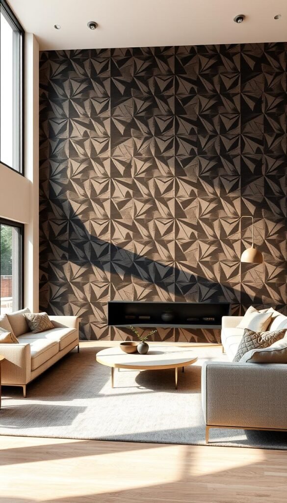 A modern living room with a bold, geometric pattern covering the walls, creating a dramatic and visually striking focal point. The pattern is a mix of angular lines and shapes in a muted color palette, adding depth and texture to the space. The furniture, including a plush sofa and minimalist coffee table, are arranged to complement the pattern, creating a cohesive and intentional design. Warm, directional lighting casts subtle shadows, highlighting the pattern's depth and dimensionality. Large windows fill the room with natural light, creating a bright and airy atmosphere. The overall effect is a sophisticated and balanced interior that showcases the strategic use of pattern to maximize the visual impact and spatial experience. A modern living room with a bold, geometric pattern covering the walls, creating a dramatic and visually striking focal point. The pattern is a mix of angular lines and shapes in a muted color palette, adding depth and texture to the space. The furniture, including a plush sofa and minimalist coffee table, are arranged to complement the pattern, creating a cohesive and intentional design. Warm, directional lighting casts subtle shadows, highlighting the pattern's depth and dimensionality. Large windows fill the room with natural light, creating a bright and airy atmosphere. The overall effect is a sophisticated and balanced interior that showcases the strategic use of pattern to maximize the visual impact and spatial experience.