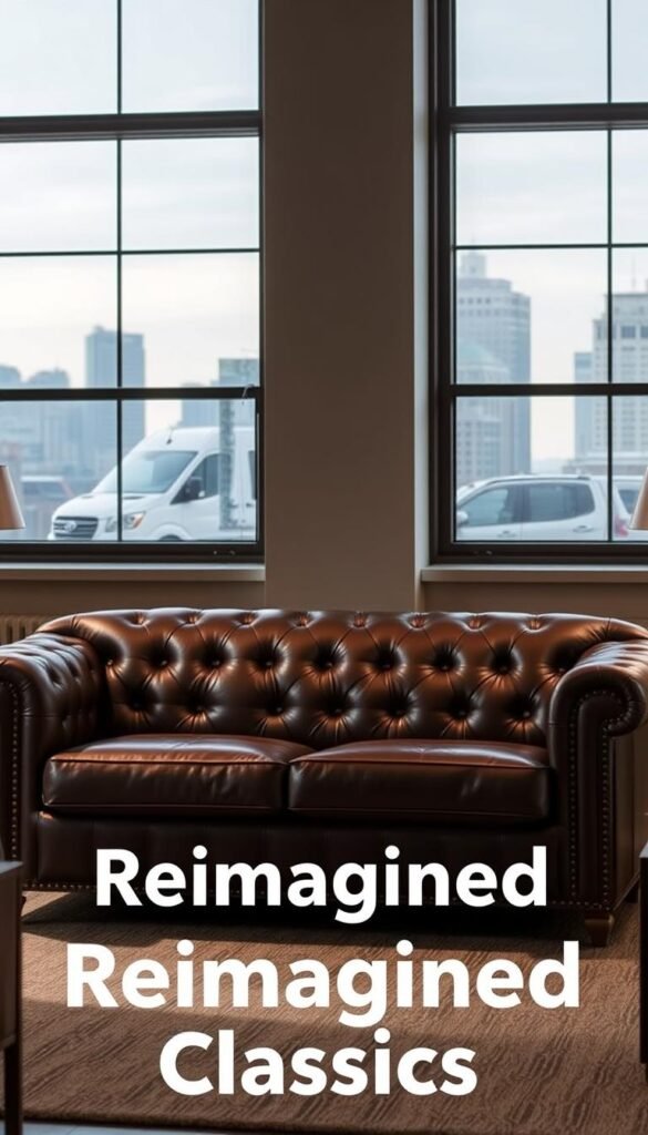 A modern, luxurious Chesterfield sofa in a cozy, sophisticated living room. Soft, deep brown leather upholstery, accented by burnished brass studs and tufted detailing. The sofa is positioned in the center, with a pair of sleek, minimalist end tables on either side. Warm, diffused lighting from a pair of mid-century modern floor lamps casts a gentle glow, highlighting the sofa's elegant lines and timeless silhouette. Large windows in the background offer a glimpse of an urban skyline, blending classic and contemporary elements. The overall atmosphere is one of refined, timeless style, reflecting the "Reimagined Classics" theme. A modern, luxurious Chesterfield sofa in a cozy, sophisticated living room. Soft, deep brown leather upholstery, accented by burnished brass studs and tufted detailing. The sofa is positioned in the center, with a pair of sleek, minimalist end tables on either side. Warm, diffused lighting from a pair of mid-century modern floor lamps casts a gentle glow, highlighting the sofa's elegant lines and timeless silhouette. Large windows in the background offer a glimpse of an urban skyline, blending classic and contemporary elements. The overall atmosphere is one of refined, timeless style, reflecting the "Reimagined Classics" theme.