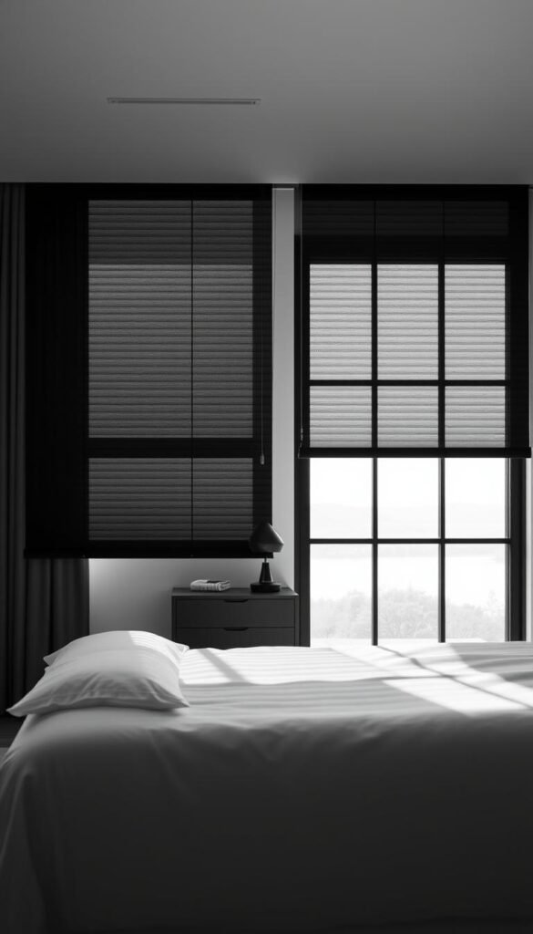 A modern, minimalist bedroom bathed in a soft, diffuse natural light. In the foreground, a pair of sleek black window blinds frame the view, casting dramatic shadows across the crisp white bedding. The middle ground features a mid-century inspired nightstand and lamp, their clean lines and monochrome palette complementing the overall aesthetic. In the background, a large window overlooks a tranquil outdoor scene, the glass panes reflecting the glow of the overcast sky. The mood is one of understated elegance and serenity, inviting the viewer to step into this serene, calming space. A modern, minimalist bedroom bathed in a soft, diffuse natural light. In the foreground, a pair of sleek black window blinds frame the view, casting dramatic shadows across the crisp white bedding. The middle ground features a mid-century inspired nightstand and lamp, their clean lines and monochrome palette complementing the overall aesthetic. In the background, a large window overlooks a tranquil outdoor scene, the glass panes reflecting the glow of the overcast sky. The mood is one of understated elegance and serenity, inviting the viewer to step into this serene, calming space.