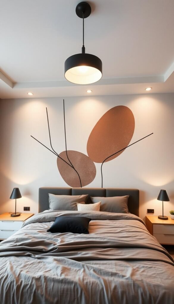 A modern, minimalist bedroom featuring a statement wall decal design. The decals create a captivating focal point, with abstract shapes and lines in a muted, earthy color palette that complements the room's neutral tones. Soft, diffused lighting from overhead fixtures casts a warm, inviting glow, highlighting the textural details of the decals. The camera angle captures the design at a slight diagonal, emphasizing the dynamic, asymmetrical layout. The overall mood is one of serene sophistication, where the decals seamlessly blend form and function to elevate the bedroom's visual interest.