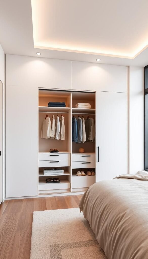 A modern, space-saving wardrobe design fills a bedroom, its sleek, minimalist lines and neutral tones creating a sense of tranquility. The wardrobe's sliding doors glide open to reveal ample storage space, neatly organized with shelves, hanging rods, and drawers. Warm, diffused lighting from recessed ceiling fixtures accentuates the wardrobe's clean, contemporary aesthetic, while large windows flood the room with natural light, making the space feel airy and bright. The wardrobe's compact footprint maximizes the available floor space, allowing for a harmonious, uncluttered bedroom layout that exudes functionality and style. A modern, space-saving wardrobe design fills a bedroom, its sleek, minimalist lines and neutral tones creating a sense of tranquility. The wardrobe's sliding doors glide open to reveal ample storage space, neatly organized with shelves, hanging rods, and drawers. Warm, diffused lighting from recessed ceiling fixtures accentuates the wardrobe's clean, contemporary aesthetic, while large windows flood the room with natural light, making the space feel airy and bright. The wardrobe's compact footprint maximizes the available floor space, allowing for a harmonious, uncluttered bedroom layout that exudes functionality and style.
