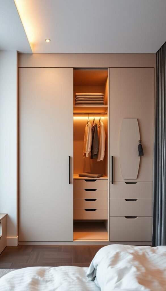 A modern, well-designed bedroom wardrobe with a dual-purpose layout. In the foreground, the wardrobe features sleek, minimalist doors in a neutral color palette, seamlessly blending form and function. The middle ground showcases a combination of hanging rods, shelves, and drawers, offering versatile storage options. In the background, warm, indirect lighting casts a soft, inviting glow, creating a harmonious and visually appealing environment. The overall composition conveys a balance between practical organization and stylish aesthetics, inspiring a sense of calm and order in the bedroom space. A modern, well-designed bedroom wardrobe with a dual-purpose layout. In the foreground, the wardrobe features sleek, minimalist doors in a neutral color palette, seamlessly blending form and function. The middle ground showcases a combination of hanging rods, shelves, and drawers, offering versatile storage options. In the background, warm, indirect lighting casts a soft, inviting glow, creating a harmonious and visually appealing environment. The overall composition conveys a balance between practical organization and stylish aesthetics, inspiring a sense of calm and order in the bedroom space.