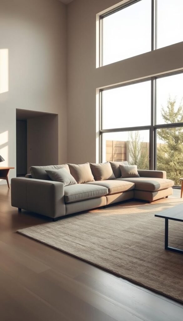 A modular sofa with a sleek, contemporary design stands prominently in a minimalist living room. Flooded with warm, natural light from large windows, the sofa features clean lines, plush cushions, and a flexible configuration that allows for multiple seating arrangements. Subtle textures and muted earth tones create a calming, sophisticated ambiance. The sofa's modular design showcases its adaptability, blending seamlessly with the room's airy, open layout. A wide-angle lens captures the scene, emphasizing the sofa's central role and the harmonious integration of form and function. A modular sofa with a sleek, contemporary design stands prominently in a minimalist living room. Flooded with warm, natural light from large windows, the sofa features clean lines, plush cushions, and a flexible configuration that allows for multiple seating arrangements. Subtle textures and muted earth tones create a calming, sophisticated ambiance. The sofa's modular design showcases its adaptability, blending seamlessly with the room's airy, open layout. A wide-angle lens captures the scene, emphasizing the sofa's central role and the harmonious integration of form and function.