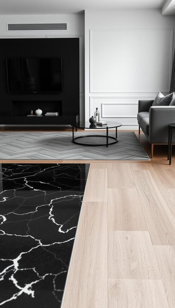 A monochrome living room featuring a variety of refined flooring options that complement the sophisticated palette. In the foreground, showcase a sleek, polished black marble flooring that reflects the room's minimalist charm. In the middle ground, display an elegant herringbone pattern in shades of gray, adding depth and visual interest. In the background, a warm, textured hardwood floor in a muted tone anchors the space, creating a cohesive and harmonious atmosphere. The lighting is soft and diffused, casting a gentle glow that accentuates the monochromatic tones and enhances the room's serene ambiance. A monochrome living room featuring a variety of refined flooring options that complement the sophisticated palette. In the foreground, showcase a sleek, polished black marble flooring that reflects the room's minimalist charm. In the middle ground, display an elegant herringbone pattern in shades of gray, adding depth and visual interest. In the background, a warm, textured hardwood floor in a muted tone anchors the space, creating a cohesive and harmonious atmosphere. The lighting is soft and diffused, casting a gentle glow that accentuates the monochromatic tones and enhances the room's serene ambiance.