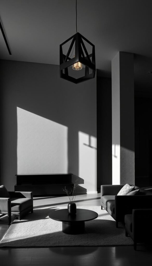 A moody, monochrome living room showcasing a striking statement light fixture. The room is bathed in soft, directional lighting that casts dramatic shadows, highlighting the architectural features. Minimalist furnishings and neutral tones create a sophisticated, gallery-like ambiance. The light fixture, a bold geometric design in matte black, is the focal point, casting a mesmerizing pattern of light and shadow across the walls. The composition emphasizes the interplay of light and shadow, creating a serene, contemplative atmosphere perfect for relaxation or thoughtful conversation. A moody, monochrome living room showcasing a striking statement light fixture. The room is bathed in soft, directional lighting that casts dramatic shadows, highlighting the architectural features. Minimalist furnishings and neutral tones create a sophisticated, gallery-like ambiance. The light fixture, a bold geometric design in matte black, is the focal point, casting a mesmerizing pattern of light and shadow across the walls. The composition emphasizes the interplay of light and shadow, creating a serene, contemplative atmosphere perfect for relaxation or thoughtful conversation.