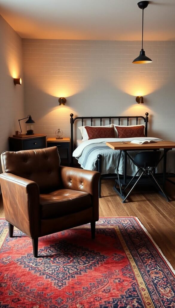 A purposefully designed industrial-style bedroom featuring a sturdy metal-framed bed with a distressed leather headboard, complemented by a matching metal nightstand with a wooden top. In the foreground, a worn leather armchair sits atop a vintage Persian rug, creating a cozy reading nook. Across the room, a minimalist wooden desk with a metal trestle base serves as a functional workstation, its surface adorned with a desk lamp and a few carefully curated objects. Warm, directional lighting from wall sconces and a pendant fixture above casts a soft glow, highlighting the raw materials and honest textures that define the room's character. An overall atmosphere of understated sophistication and utility, conveying a sense of thoughtful, grown-up design. A purposefully designed industrial-style bedroom featuring a sturdy metal-framed bed with a distressed leather headboard, complemented by a matching metal nightstand with a wooden top. In the foreground, a worn leather armchair sits atop a vintage Persian rug, creating a cozy reading nook. Across the room, a minimalist wooden desk with a metal trestle base serves as a functional workstation, its surface adorned with a desk lamp and a few carefully curated objects. Warm, directional lighting from wall sconces and a pendant fixture above casts a soft glow, highlighting the raw materials and honest textures that define the room's character. An overall atmosphere of understated sophistication and utility, conveying a sense of thoughtful, grown-up design.