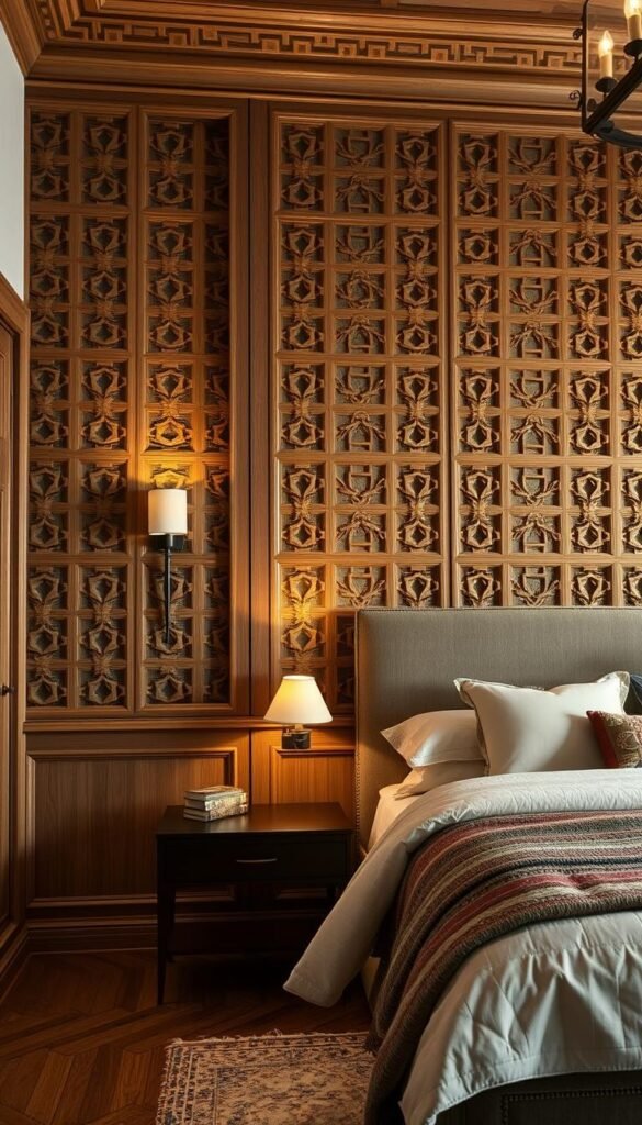 A richly detailed fretwork-style paneling adorning a sophisticated bedroom. Intricate geometric patterns in warm, muted tones of oak, casting soft, dramatic shadows that add depth and texture to the walls. Delicate latticework creates an inviting, layered effect, complemented by subtle lighting from sconces that illuminate the space with a cozy, refined ambiance. The paneling extends from floor to ceiling, drawing the eye upward and creating a sense of grandeur and timelessness. Subtle variations in the woodgrain lend an artisanal, handcrafted aesthetic, while the overall design exudes a sense of timeless elegance and thoughtful craftsmanship. A richly detailed fretwork-style paneling adorning a sophisticated bedroom. Intricate geometric patterns in warm, muted tones of oak, casting soft, dramatic shadows that add depth and texture to the walls. Delicate latticework creates an inviting, layered effect, complemented by subtle lighting from sconces that illuminate the space with a cozy, refined ambiance. The paneling extends from floor to ceiling, drawing the eye upward and creating a sense of grandeur and timelessness. Subtle variations in the woodgrain lend an artisanal, handcrafted aesthetic, while the overall design exudes a sense of timeless elegance and thoughtful craftsmanship.