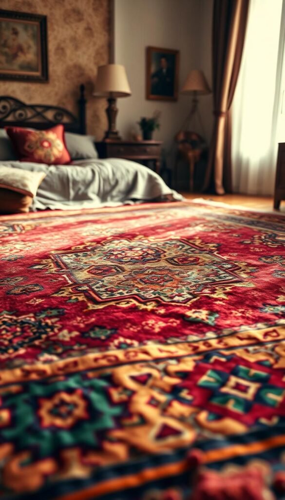 A richly detailed vintage Moroccan carpet, its intricate patterns and colors dancing in the warm, soft light of a cozy bedroom. Meticulously crafted geometric designs in deep jewel tones of ruby, sapphire, and emerald, accentuated by hints of gold. The carpet's plush, luxurious texture invites bare feet to sink in, creating a sense of timeless, opulent comfort. Ornate, curving borders frame the central motif, giving the piece a sense of history and tradition. Subtle vignetting and a shallow depth of field focus attention on the captivating, one-of-a-kind rug, as if captured by a high-end fashion photographer's lens. A richly detailed vintage Moroccan carpet, its intricate patterns and colors dancing in the warm, soft light of a cozy bedroom. Meticulously crafted geometric designs in deep jewel tones of ruby, sapphire, and emerald, accentuated by hints of gold. The carpet's plush, luxurious texture invites bare feet to sink in, creating a sense of timeless, opulent comfort. Ornate, curving borders frame the central motif, giving the piece a sense of history and tradition. Subtle vignetting and a shallow depth of field focus attention on the captivating, one-of-a-kind rug, as if captured by a high-end fashion photographer's lens.