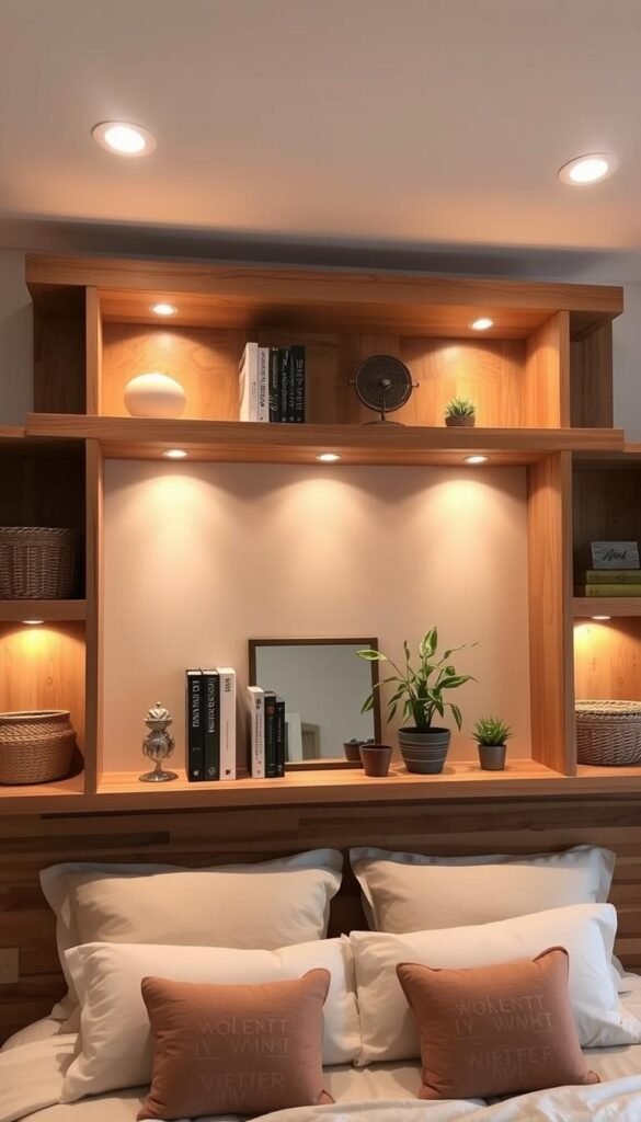 A rustic, above-bed storage shelf made of natural wood, with a mix of open and closed compartments. The shelf is illuminated by soft, warm lighting from recessed LED fixtures, casting a cozy glow over the displayed décor items. The middle section features a few artfully arranged books, potted plants, and a small sculptural piece, while the flanking shelves hold woven baskets and decorative boxes. The overall composition radiates a sense of harmonious, eye-level charm, perfect for accentuating the bedroom's personal style. A rustic, above-bed storage shelf made of natural wood, with a mix of open and closed compartments. The shelf is illuminated by soft, warm lighting from recessed LED fixtures, casting a cozy glow over the displayed décor items. The middle section features a few artfully arranged books, potted plants, and a small sculptural piece, while the flanking shelves hold woven baskets and decorative boxes. The overall composition radiates a sense of harmonious, eye-level charm, perfect for accentuating the bedroom's personal style.