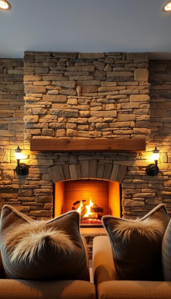 A rustic stone accent wall surrounds a cozy fireplace, its warm glow illuminating the room. The stonework is weathered and textural, with natural variations in color and pattern. The fireplace mantel is crafted from distressed wood, adding to the room's rustic charm. Soft lighting from sconces flanking the fireplace creates a inviting, intimate ambiance. The scene is captured from a low, angled perspective, emphasizing the impressive scale and craftsmanship of the fireplace feature. Plush, earthy-toned furnishings and textiles complement the rustic materials, blending modern comfort with a timeless aesthetic.