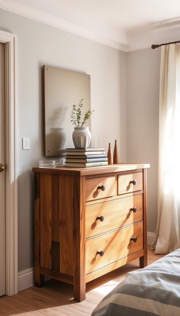 A rustic wooden dresser stands in a cozy, sun-dappled bedroom. The warm, natural grain of the wood is accentuated by soft, diffused lighting. Atop the dresser, a carefully curated arrangement of decorative elements - a small potted plant, a stack of vintage books, and a few artfully placed trinkets - creates a harmonious, organic tableau. The overall atmosphere is one of understated elegance and tranquility, perfectly complementing the section's focus on incorporating natural wood elements into bedroom decor. A rustic wooden dresser stands in a cozy, sun-dappled bedroom. The warm, natural grain of the wood is accentuated by soft, diffused lighting. Atop the dresser, a carefully curated arrangement of decorative elements - a small potted plant, a stack of vintage books, and a few artfully placed trinkets - creates a harmonious, organic tableau. The overall atmosphere is one of understated elegance and tranquility, perfectly complementing the section's focus on incorporating natural wood elements into bedroom decor.
