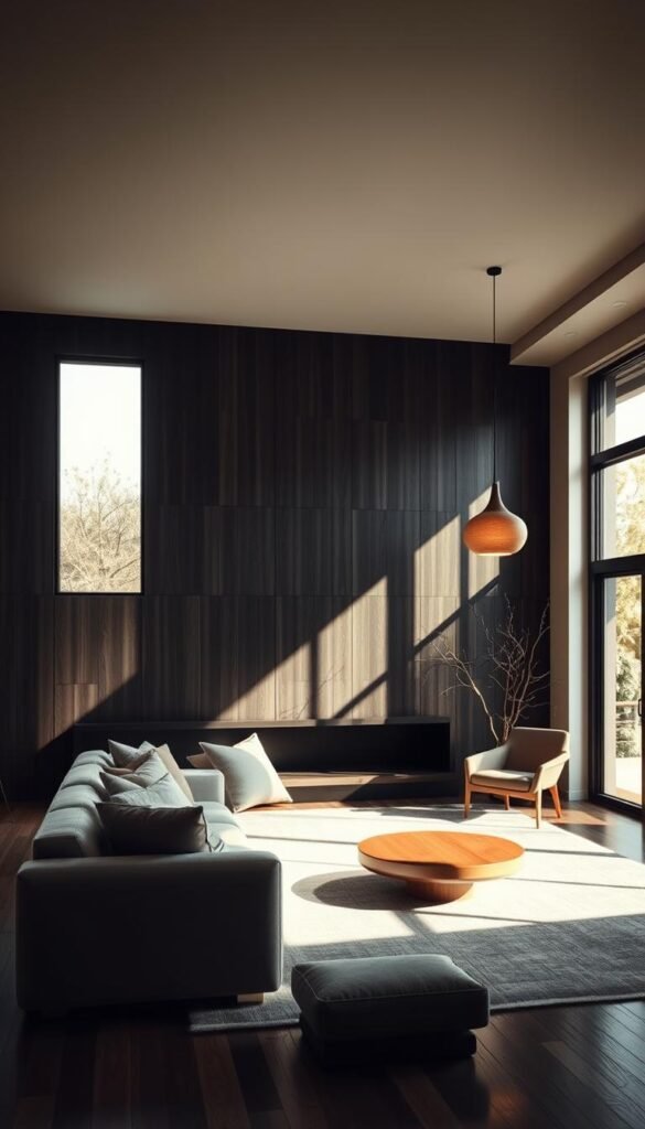 A serene Japandi-inspired living room, where light and shadow intertwine in harmonious contrast. Soft, diffused illumination cascades through large windows, creating dramatic chiaroscuro effects on the minimalist decor. A dark-stained wooden accent wall anchors the space, its intricate grains adding depth and texture. Plush, neutral-toned furnishings, including a low-profile sofa and armchair, create a calming oasis. Sculptural pendant lights cast warm, muted pools of light, complementing the earthy tones and natural materials. The overall atmosphere evokes a sense of tranquility and mindful living, inviting the viewer to pause and embrace the beauty of simplicity. A serene Japandi-inspired living room, where light and shadow intertwine in harmonious contrast. Soft, diffused illumination cascades through large windows, creating dramatic chiaroscuro effects on the minimalist decor. A dark-stained wooden accent wall anchors the space, its intricate grains adding depth and texture. Plush, neutral-toned furnishings, including a low-profile sofa and armchair, create a calming oasis. Sculptural pendant lights cast warm, muted pools of light, complementing the earthy tones and natural materials. The overall atmosphere evokes a sense of tranquility and mindful living, inviting the viewer to pause and embrace the beauty of simplicity.